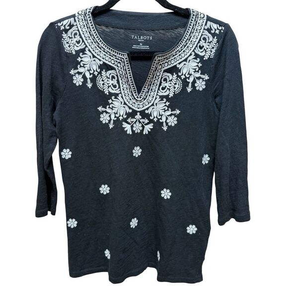 TALBOTS Womens Floral Embroidered Split V-Neck 3/4 Sleeve Slub Tunic Top Sz Sp - Picture 1 of 11